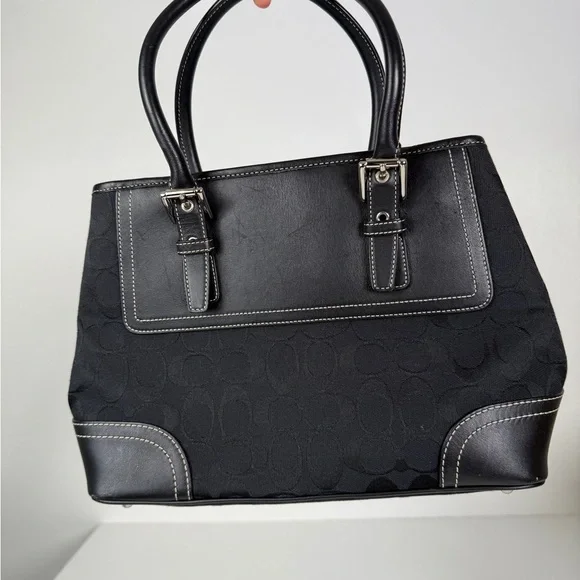Coach Black Signature Canvas & Leather Satchel Tote Bag | Classic Logo - Picture 2 of 7